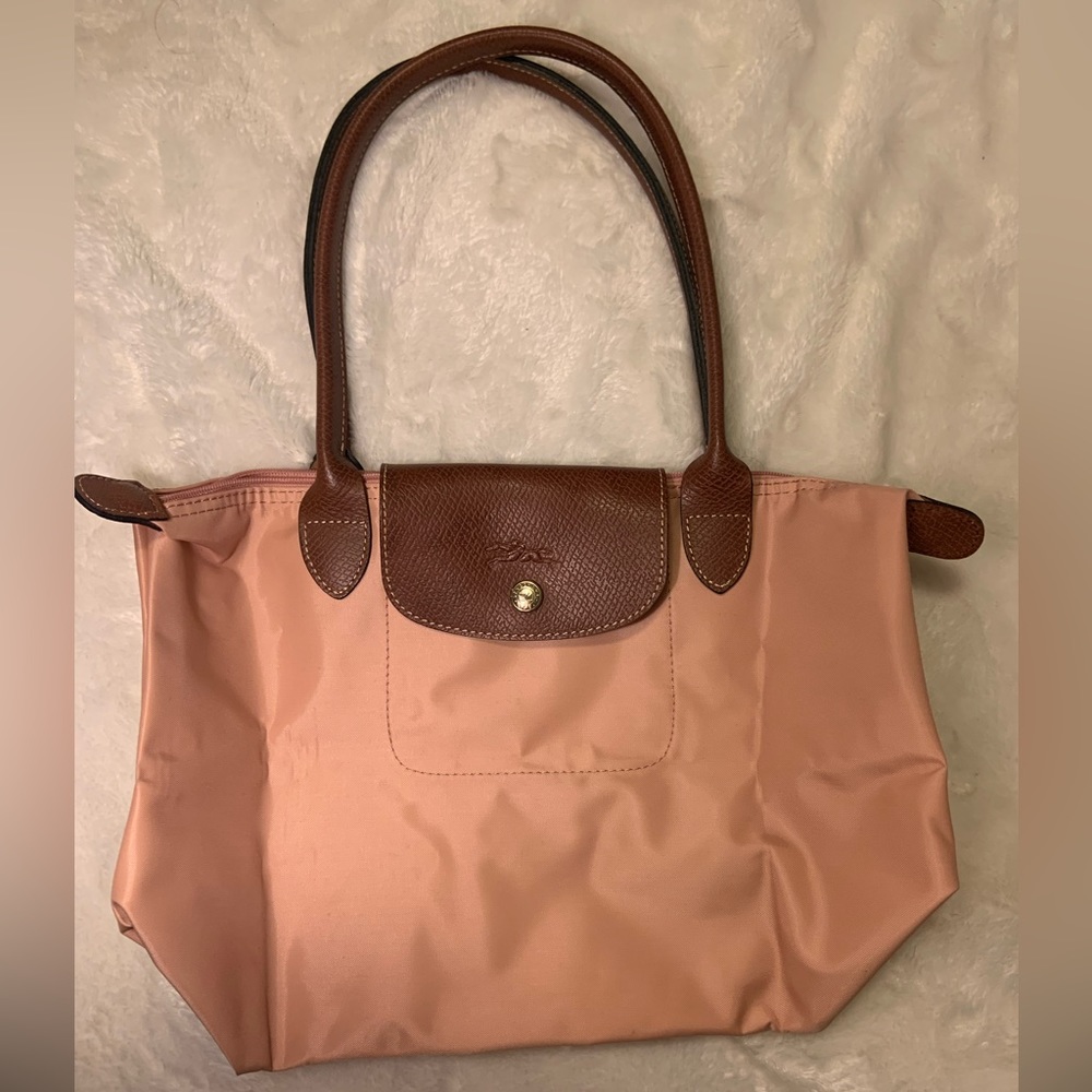 Longchamp Le Pliage blush pink medium long handled tote